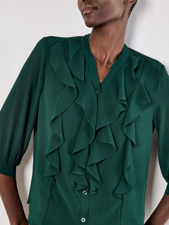 Ruffle Front Chiffon Blouse, Green, large
