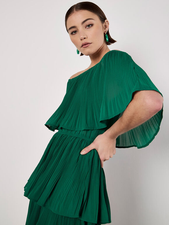 Plisse Tiered Bardot Mini Dress, Green, large