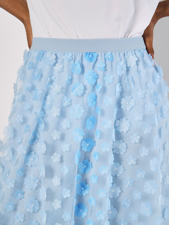Applique Flowers Tulle Midi Skirt, Blue, large