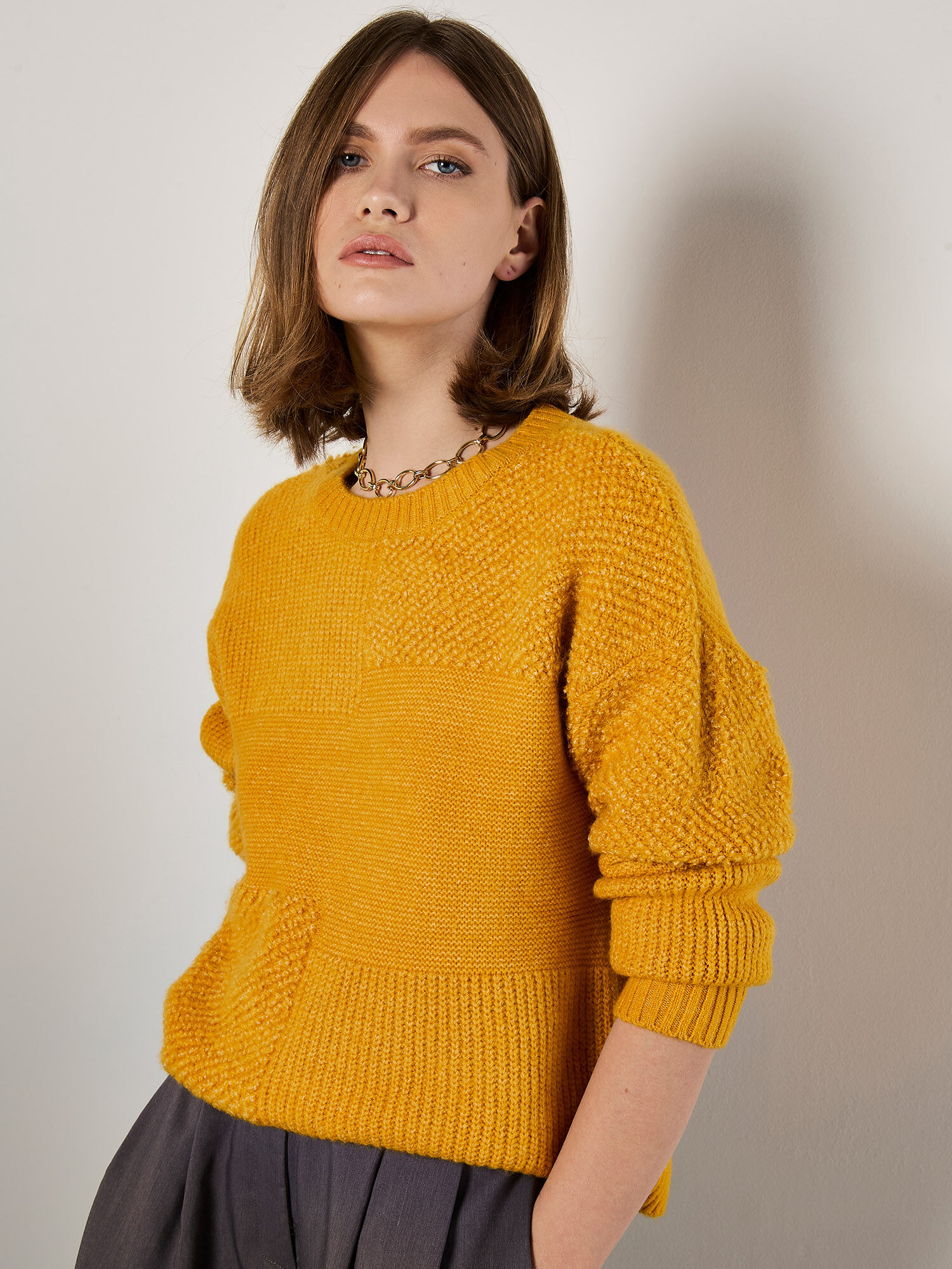 Patchwork Popcorn Jumper Apricot Clothing
