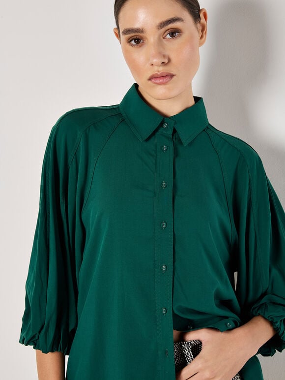 Seam Detail Puff Sleeve Shirt, Green, large