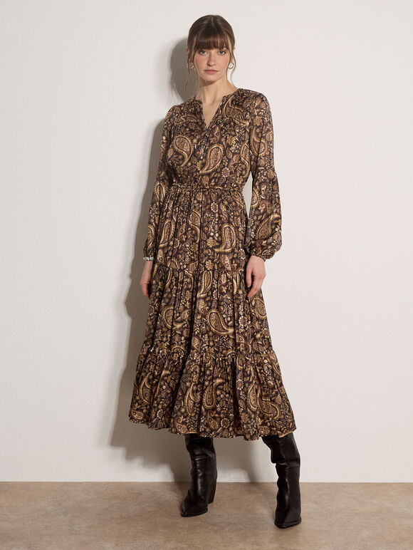 Satin Shimmer Paisley Midi Dress, Black, large