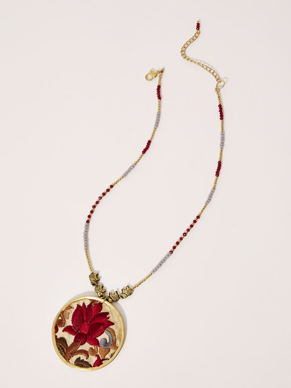 Embroidered Circle Necklace, Red, large