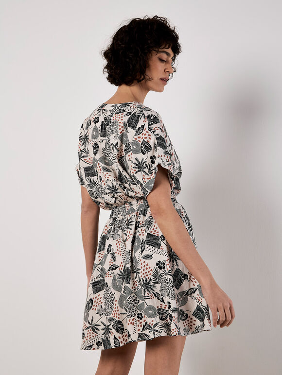 Tropical Print Linen Blend Mini Dress, Stone, large