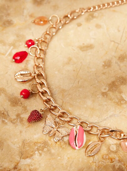 Gold Tone Layered Red Bead Charm Necklace