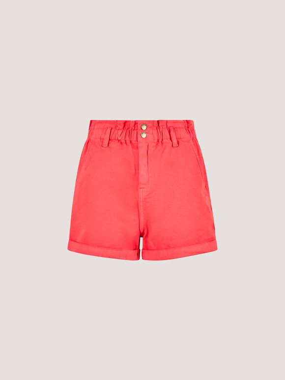 Ruched Denim Rolled Hem Shorts, Coral, large