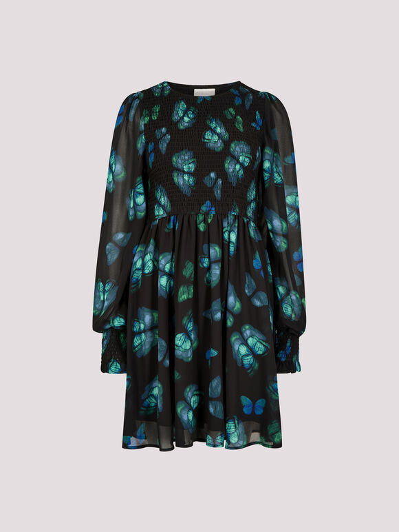 Butterfly Print Chiffon Mini Dress, Black, large