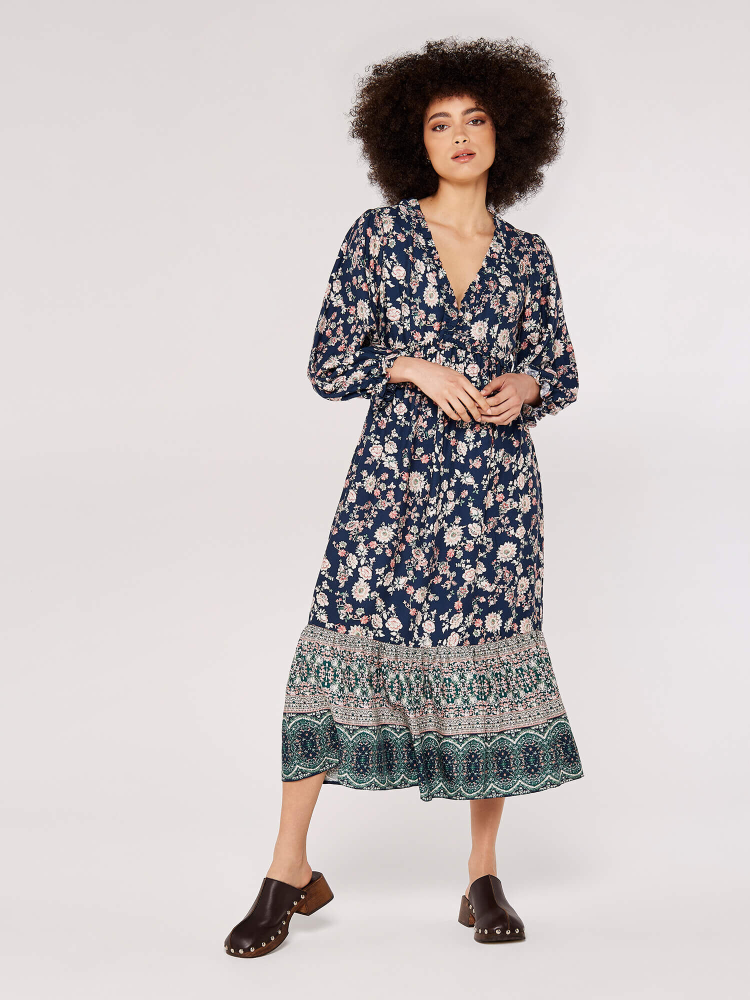 Navy ruffle hot sale midi dress