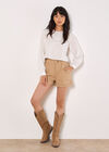 Ruched Denim Rolled Hem Shorts, Stone, large