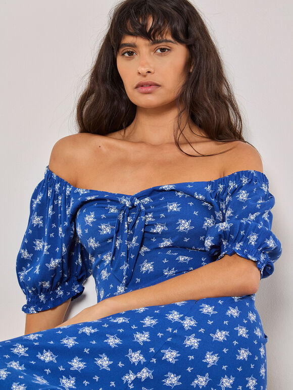 Silhouette Floral Milkmaid Maxi Dress, Blue, large