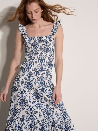 Folk Ikat Print Cotton Tiered Maxi Skirt