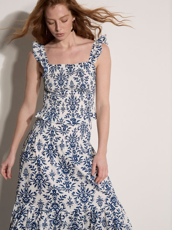 Folk Ikat Print Tiered Maxi Skirt
, Cream, large