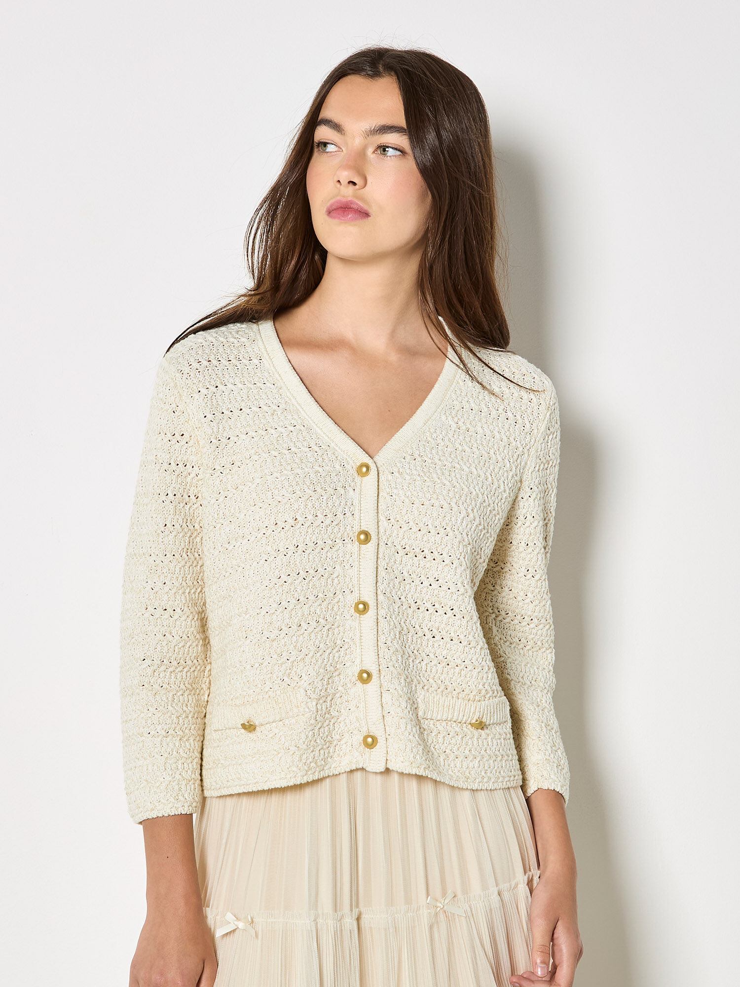 Shimmer Cotton Blend Cardigan | Apricot Clothing