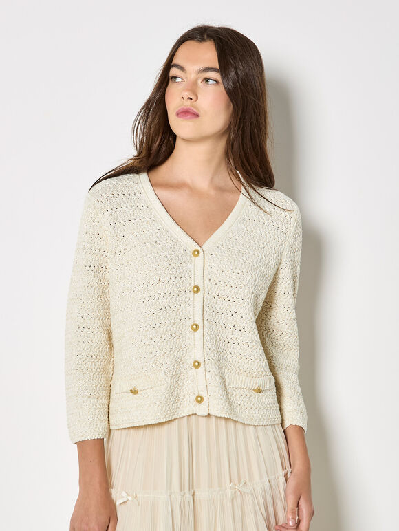 Shimmer Cotton Cardigan, Cream, large