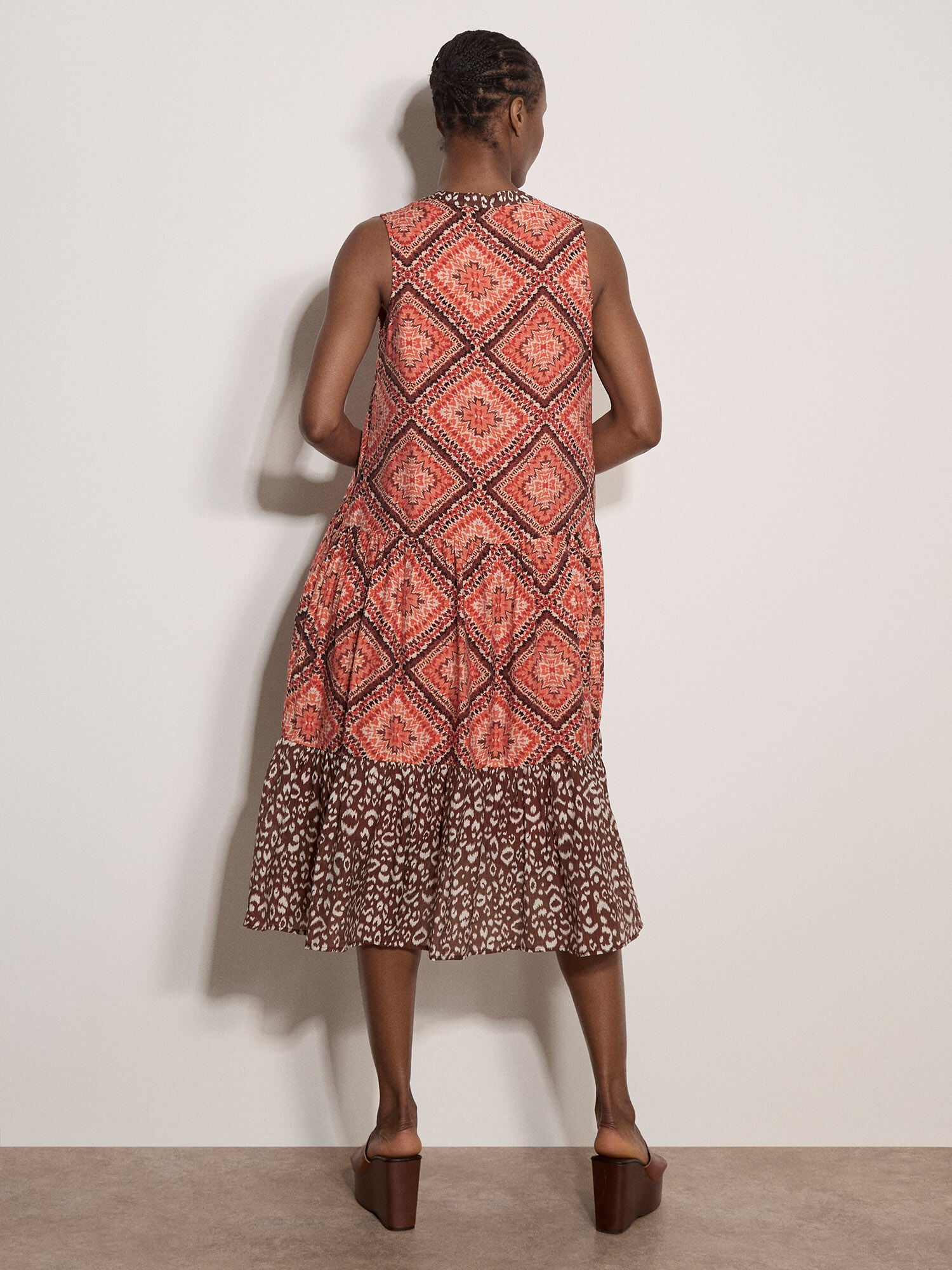 Geometric Patchwork Tiered Midi Dress | Apricot Clothing
