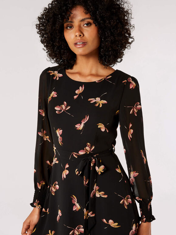 Floral Midi Dress, Black, large