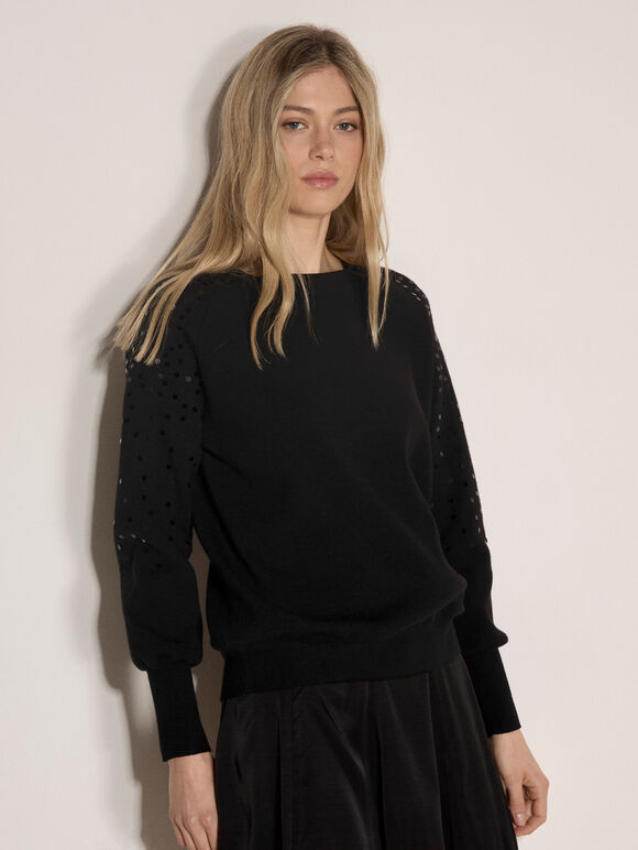 Sequin Sleeve Ribbed Knit Jumper, Black, large