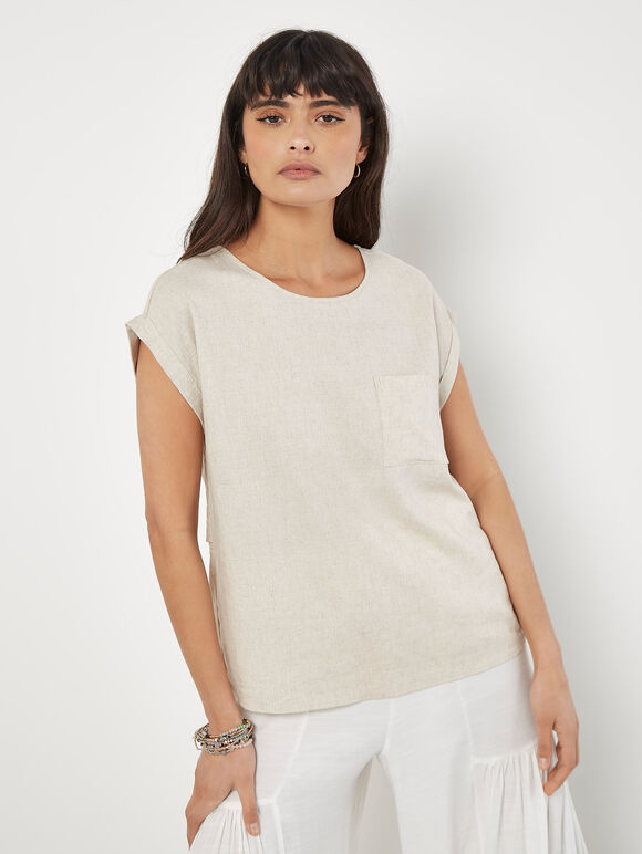 Linen Blend Split Back Oversized Top, Stone, large