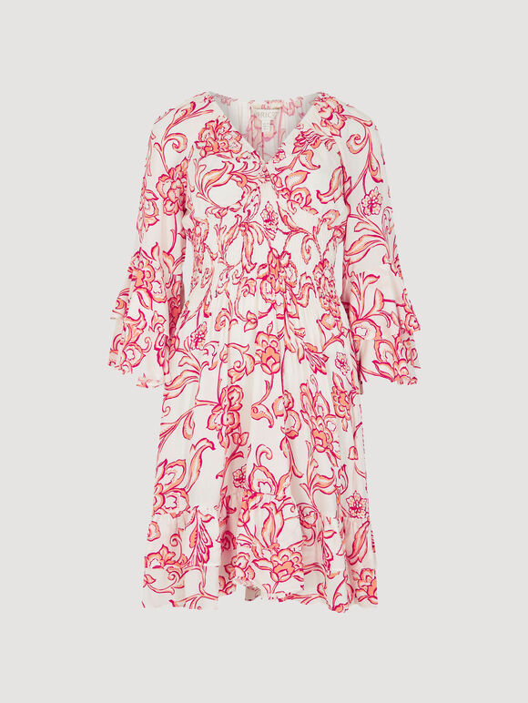 Floral Smocked Ruffle Mini Dress, Pink, large