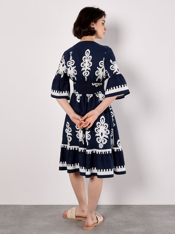 Floral Baroque Smocked Mini Dress, Navy, large