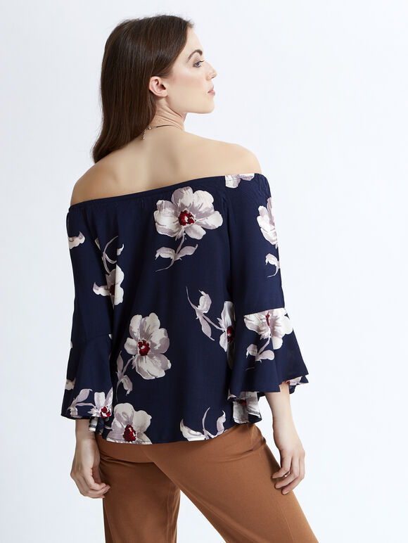 Floral Print Bardot Top, Navy, large