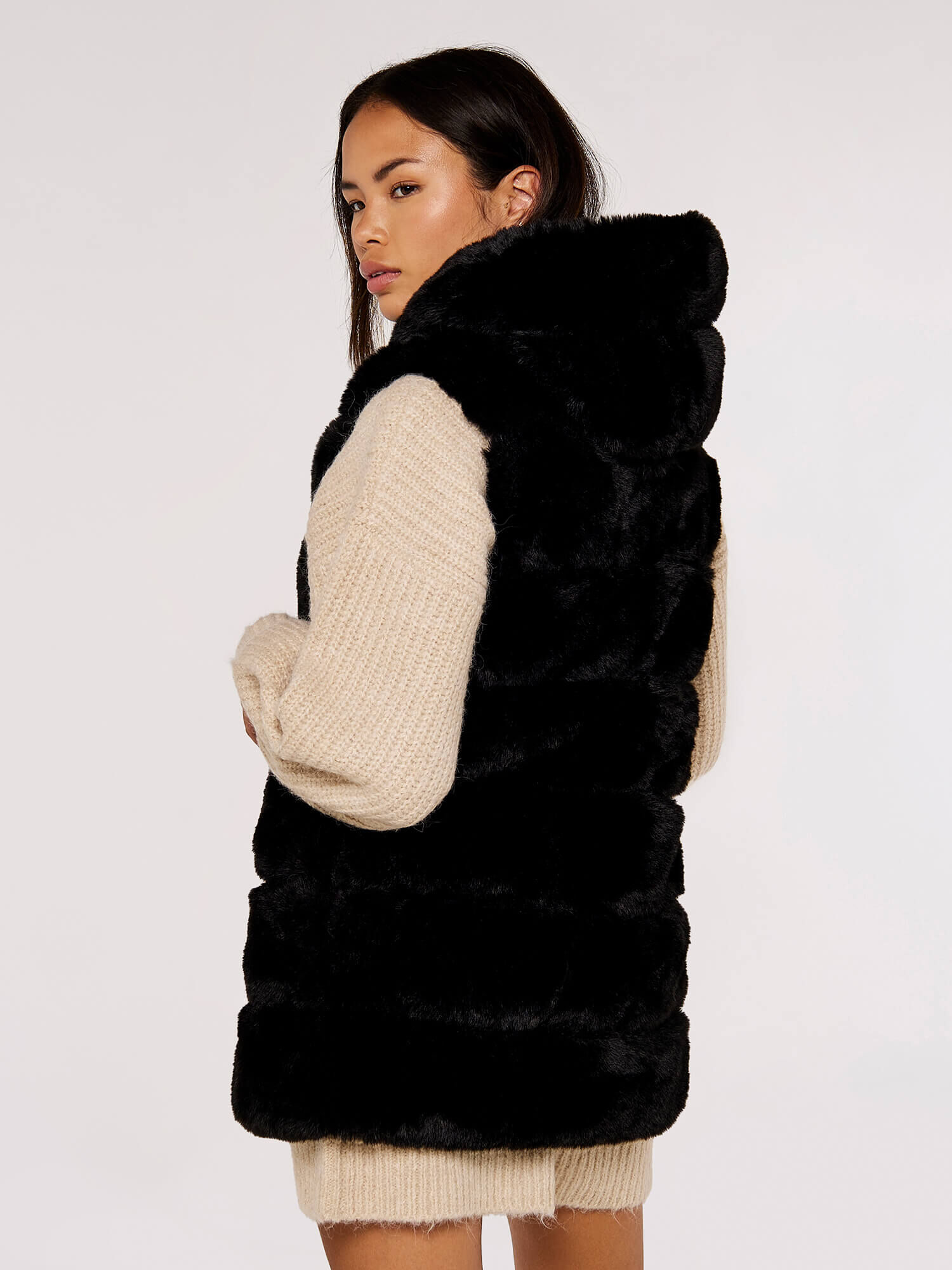 Faux Fur Hooded Longline Gilet Apricot Clothing