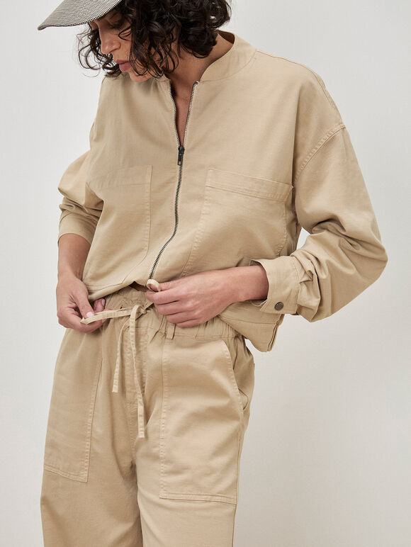 Paper Bag Waist Wide Leg Trousers, Stone, large