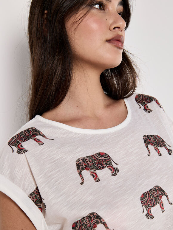 Elephant Print Slub T-Shirt, Khaki, large