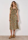 Ditsy Floral Print Milkmaid Midi Dress, Khaki, large