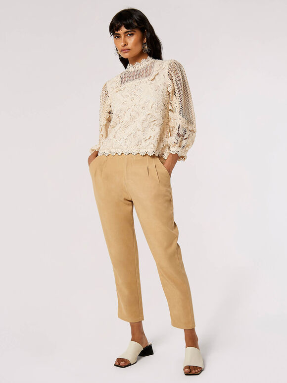 Puff Sleeve Floral Lace Top, Stone, large