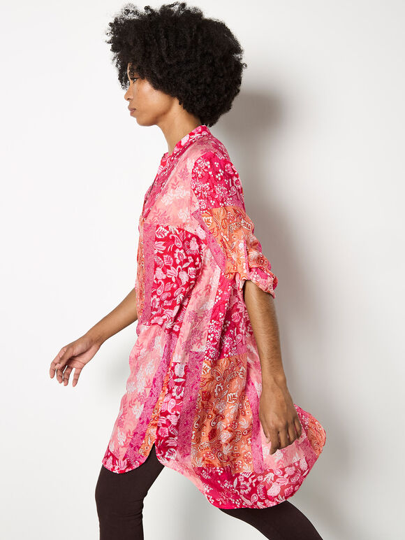 Folk Patchwork Tunic Top, Pink, large