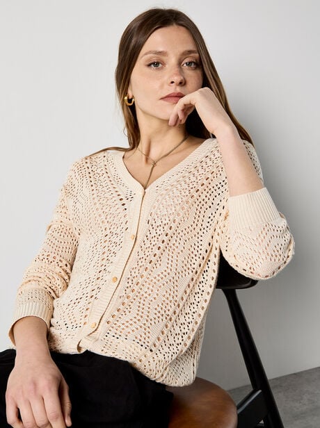 Chevron Pointelle Knit Cardigan