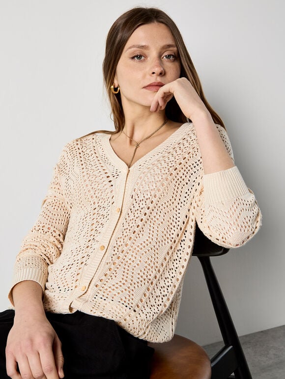 Chevron Pointelle Knit Cardigan, Stone, large