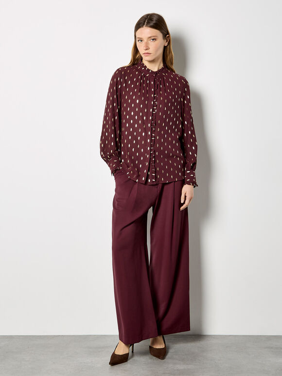 Gold Foil Ruffle Chiffon Blouse, Burgundy, large