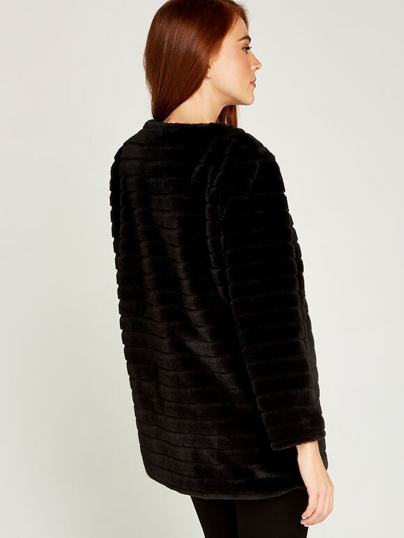 Self Stripe Faux Fur Jacket, Black, large