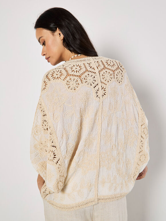 Oversized Crochet Embroidered Mesh Cardigan, Stone, large
