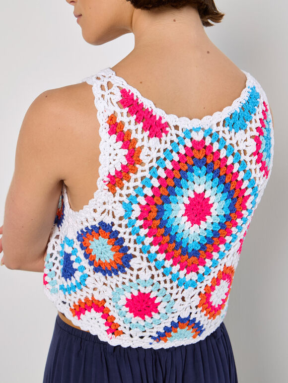 Diamond Crochet Crop Vest Top, Blue, large