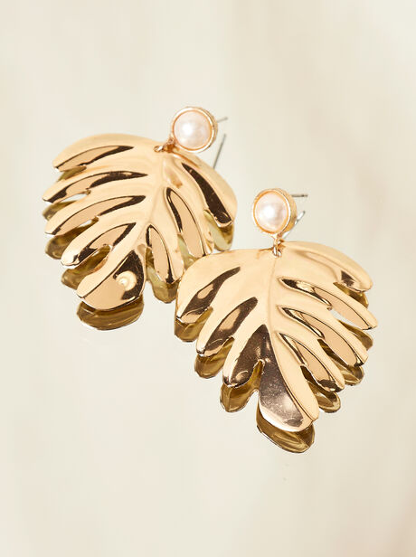 Gold Tropical Leaf Pearl Earrings