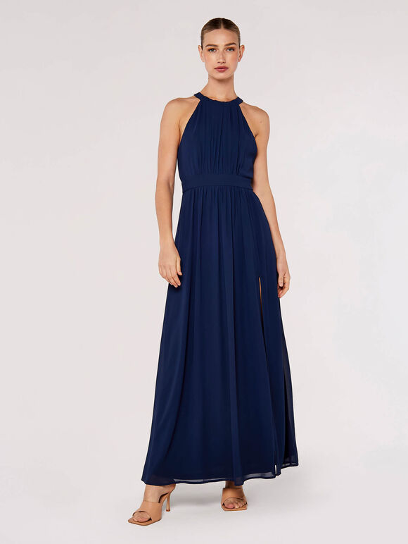 Halter Neck Split Maxi Dress, Navy, large