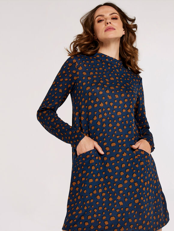 Dot High Neck Dress, Navy, large
