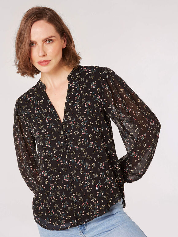 Ditsy Floral Chiffon Blouse, Black, large