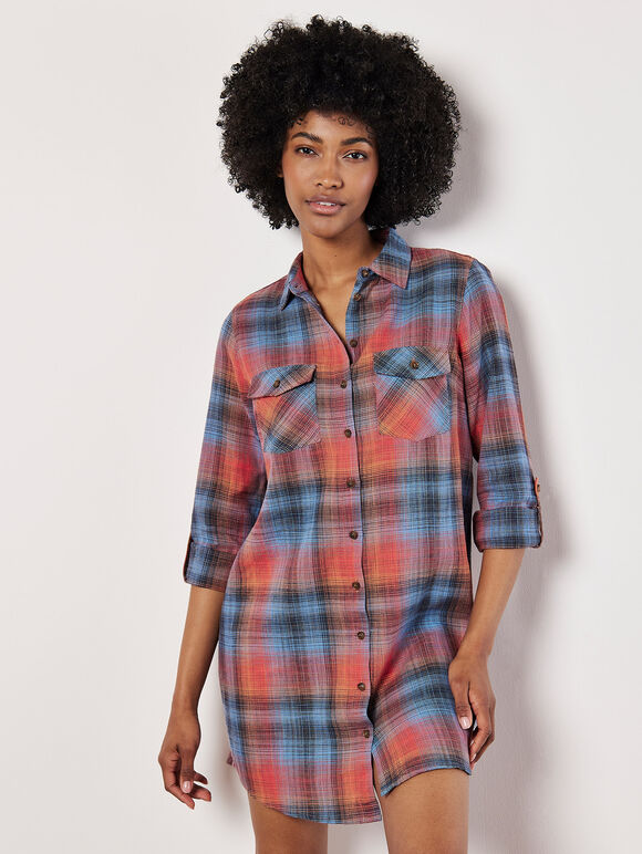 Sunset Plaid Shirt Dress, Blue, large