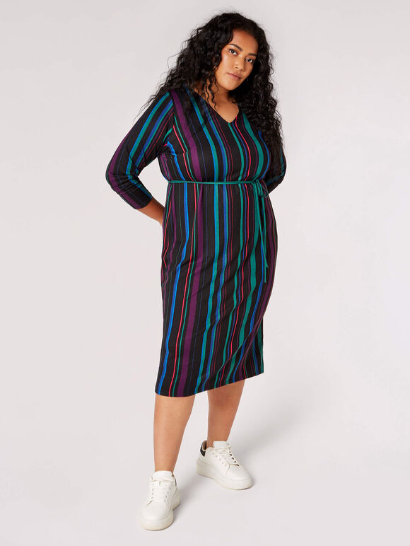 Curve Stripe Knitted Midi Dress, Black, large