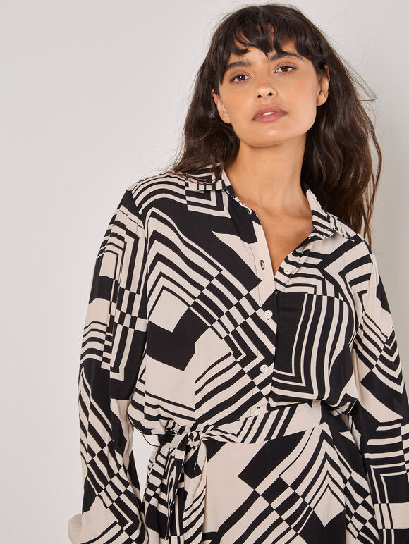 Geo Squares Shirt Mini Dress, Stone, large