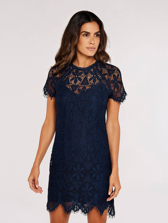 Lace Mini Dress, Navy, large