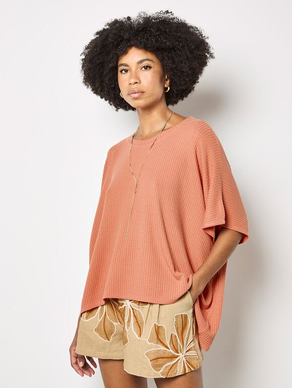 Waffle Knit Tunic Top, Coral, large