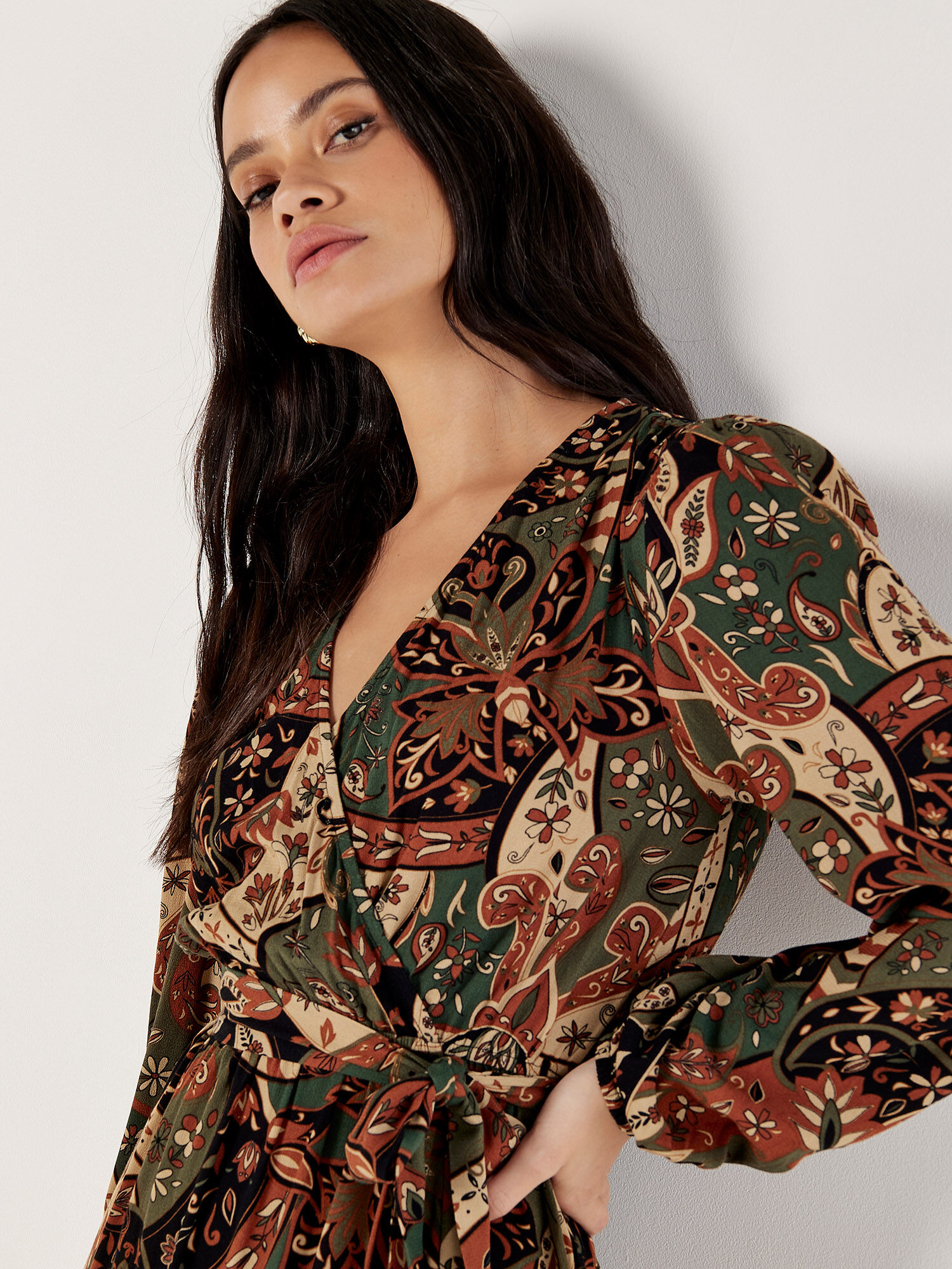 Paisley Wrap Mini Dress Apricot Clothing