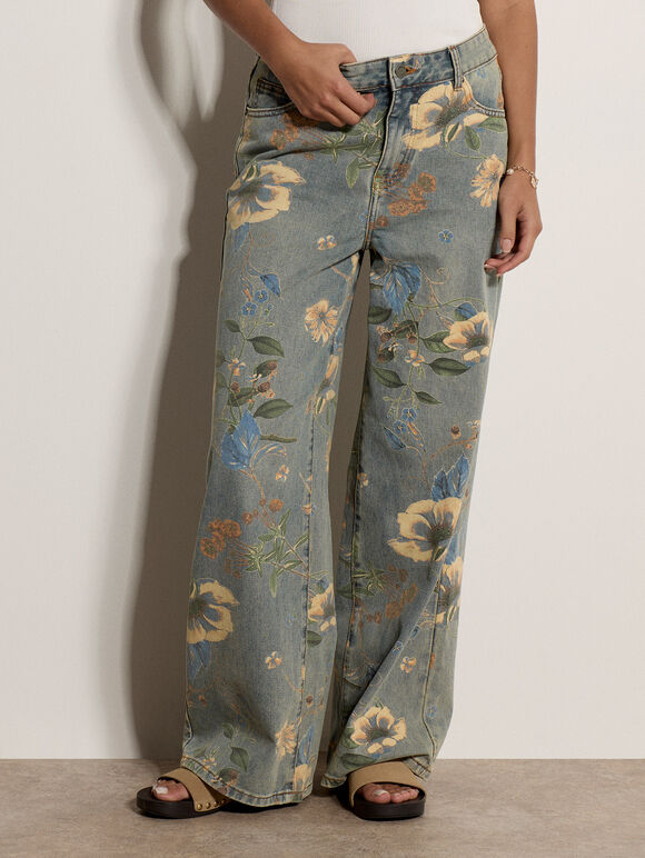 Floral Print Ankle-Length Jeans, Blue, large