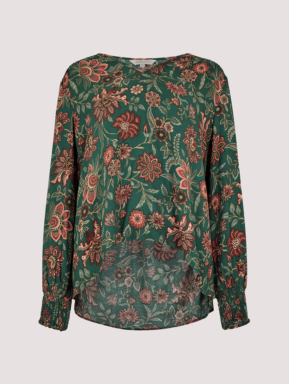 Ornate Floral Print High-Low Top, Green, large
