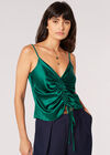 Ruched Front Satin Camisole Top, Green, large
